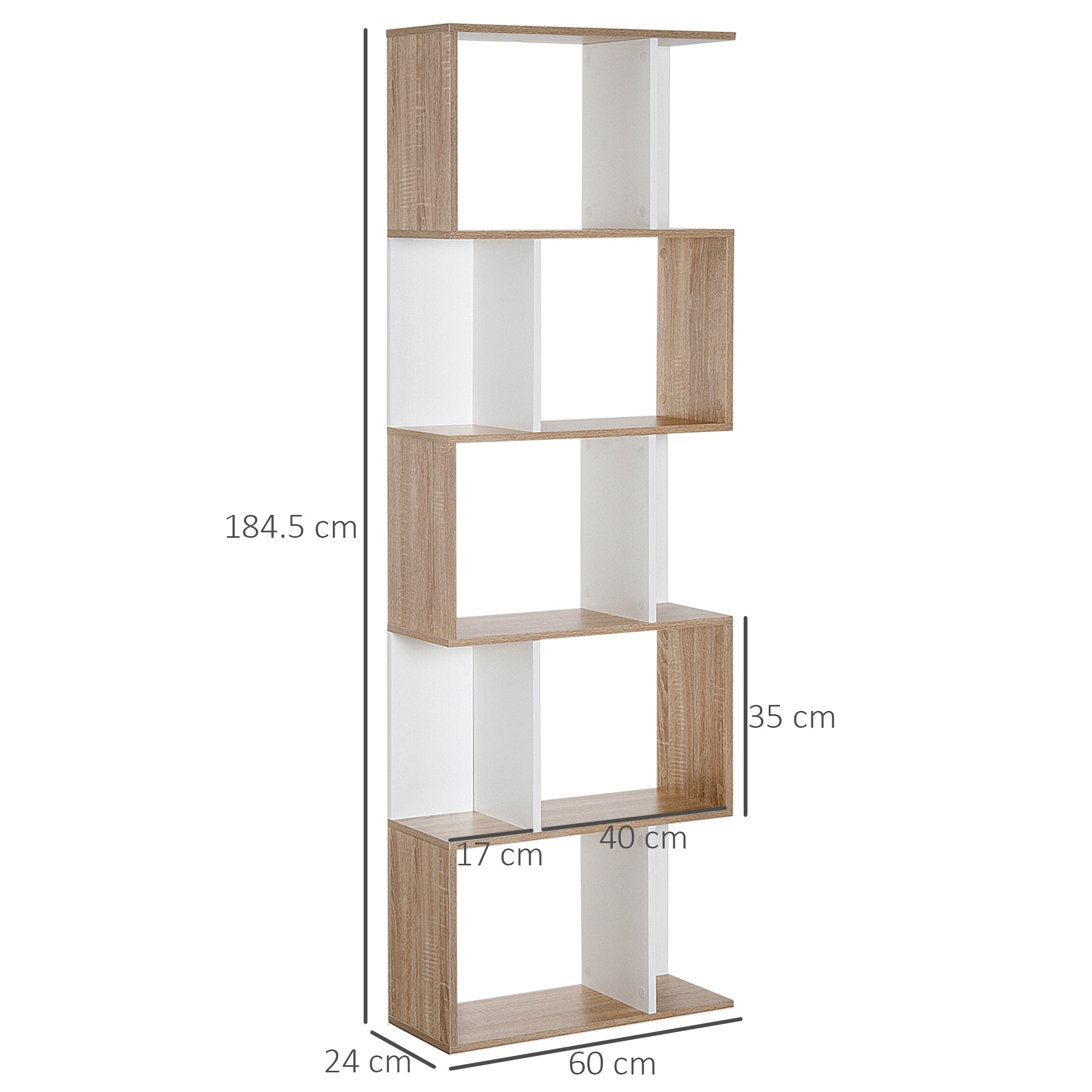 HOMCOM Bookcase, S-Shaped Wooden Bookshelf, 5/6 Tiers Freestanding Storage Shelf, Home Office Decorative Display Stand Rack, Oak and White, 24D x 60W x 184.5H